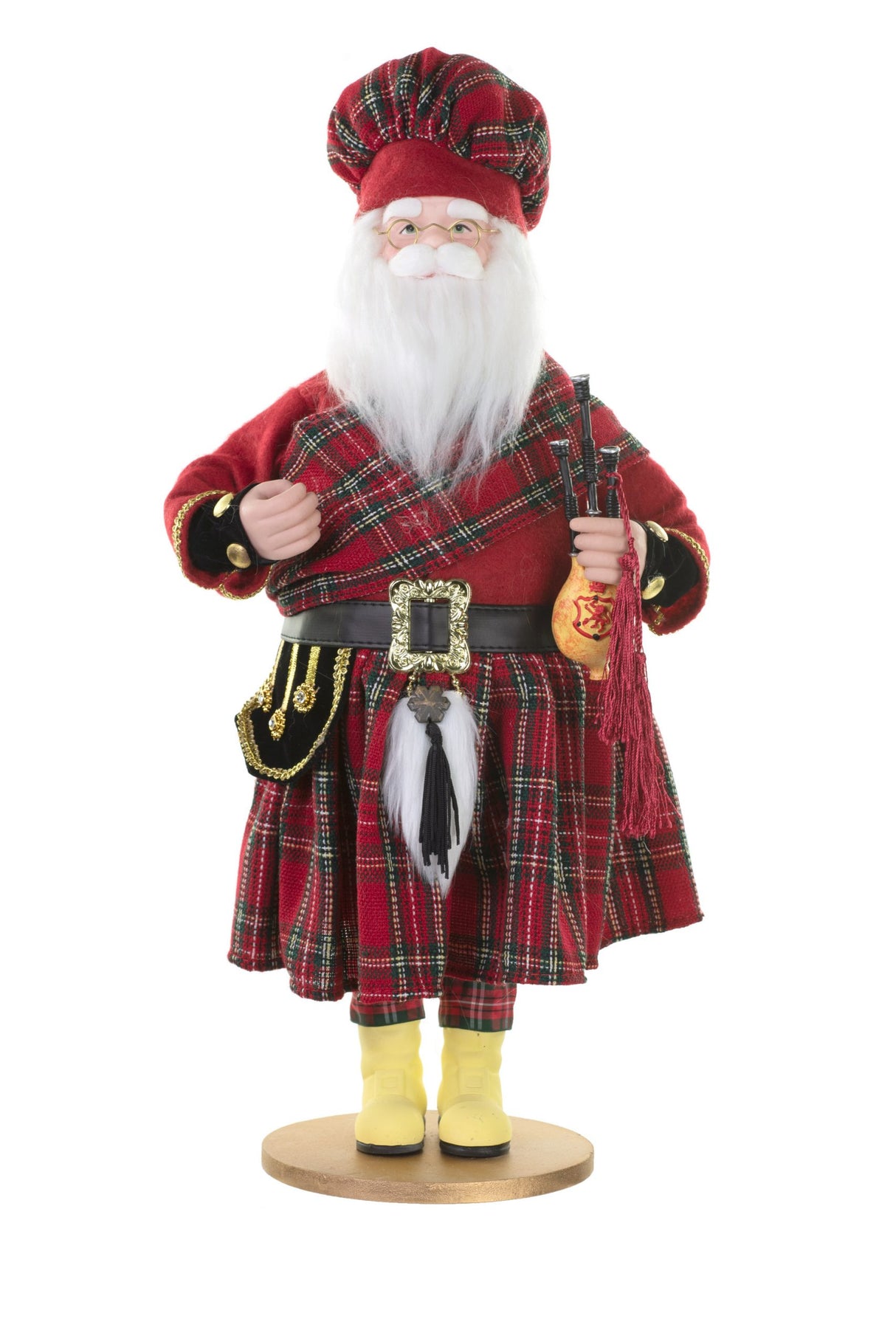 19" Red and Black Cloth Scottish Santa Figurine with Bagpipes