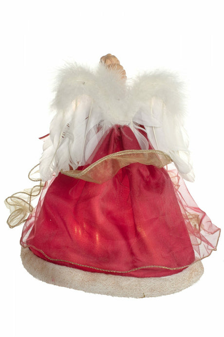 12" Red and Gold Cloth Vintage 10-Light Angel Tree Topper with White Fluffy Wings