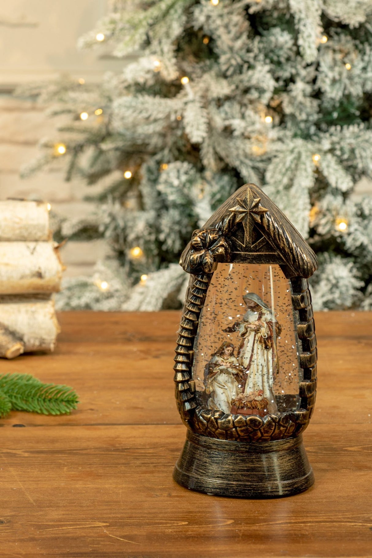 10" Gold and Black Ornate Manger Warm White LED Snow Globe with Nativity Scene