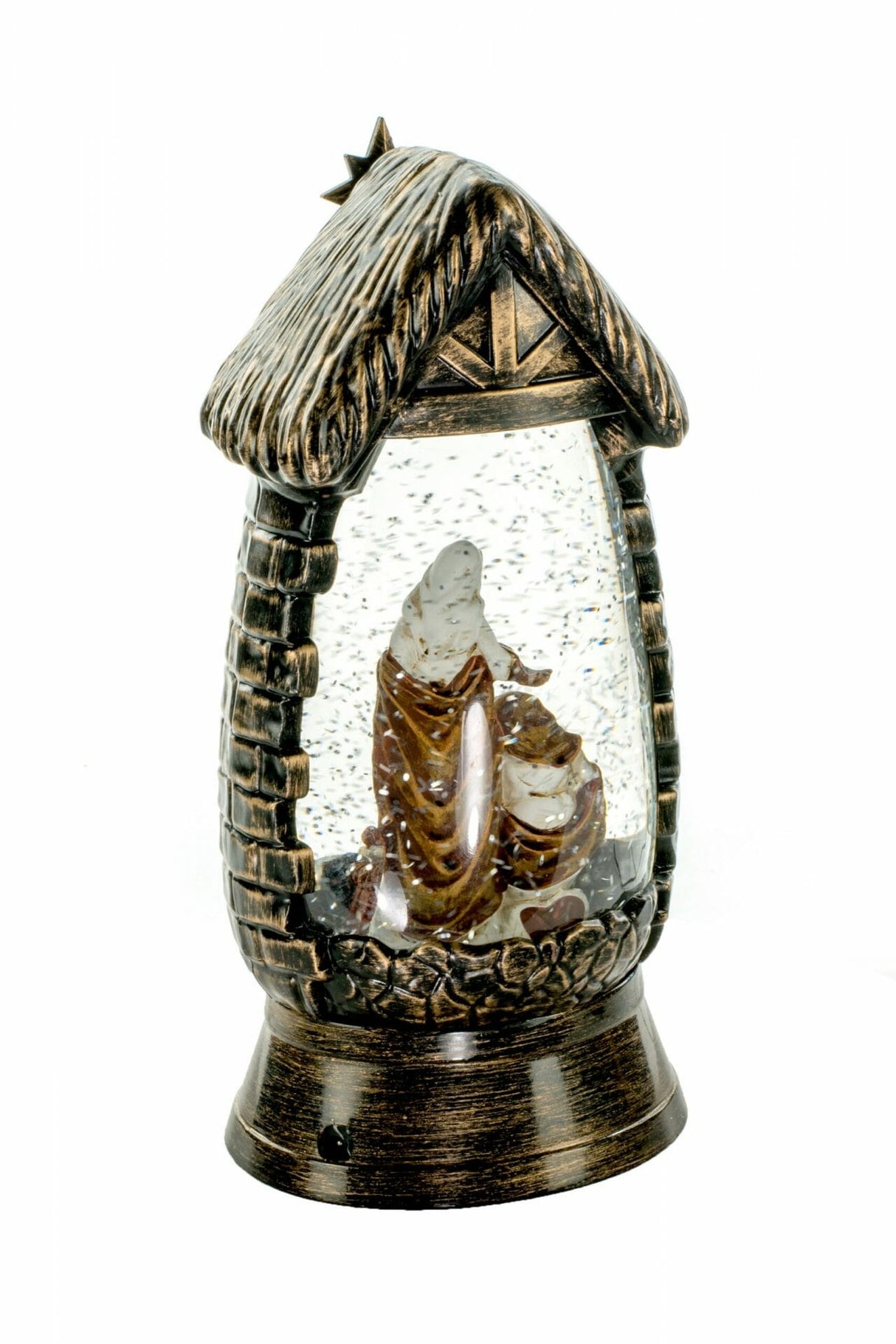 10" Gold and Black Ornate Manger Warm White LED Snow Globe with Nativity Scene