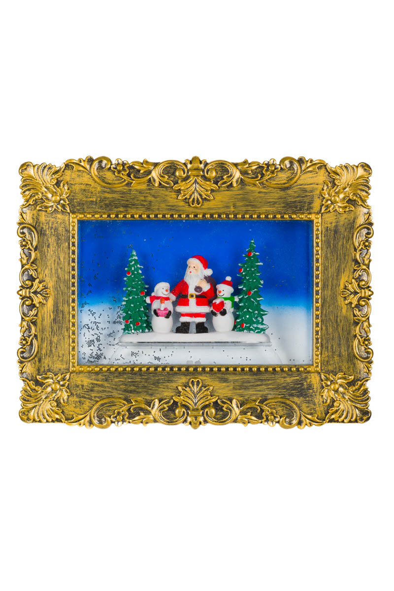 10.75" Gold Plastic Picture Frame Warm White LED Snow Globe with Santa & Snowmen