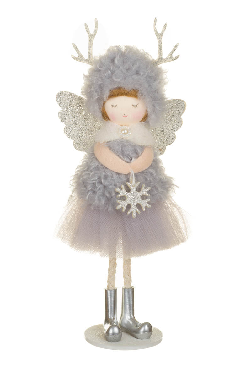 8" Hangable Smokey and Silver Fabric Cherub Girl Doll with Reindeer Hat