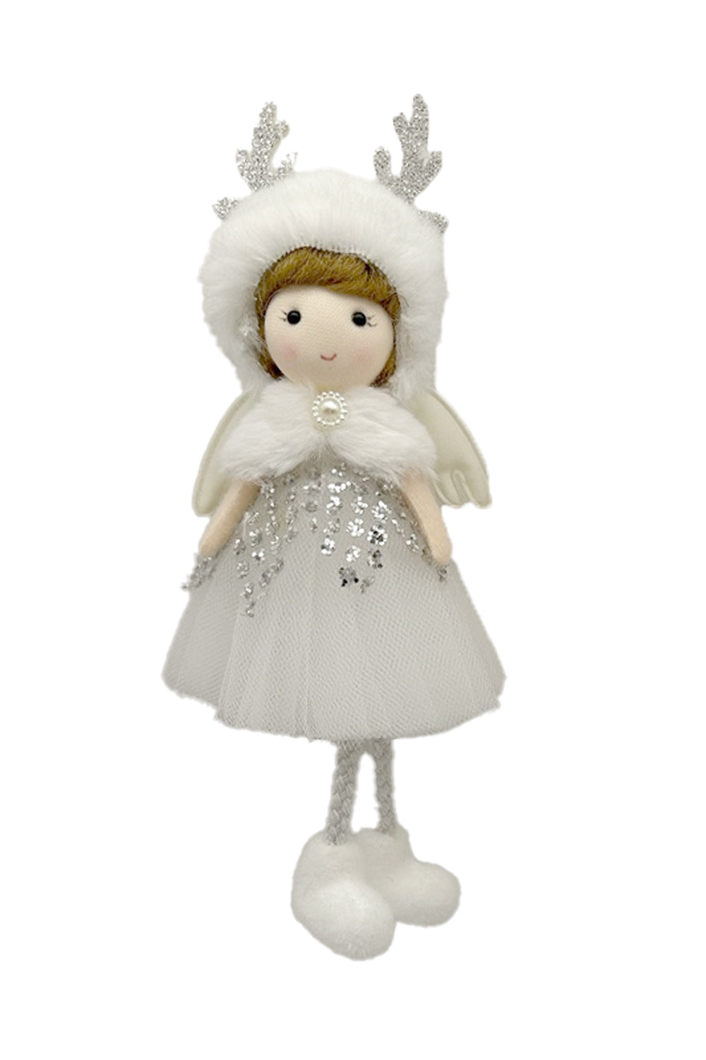 8" Hanging Sequin White Cotton Cherub Girl Ornament with Antler Cap