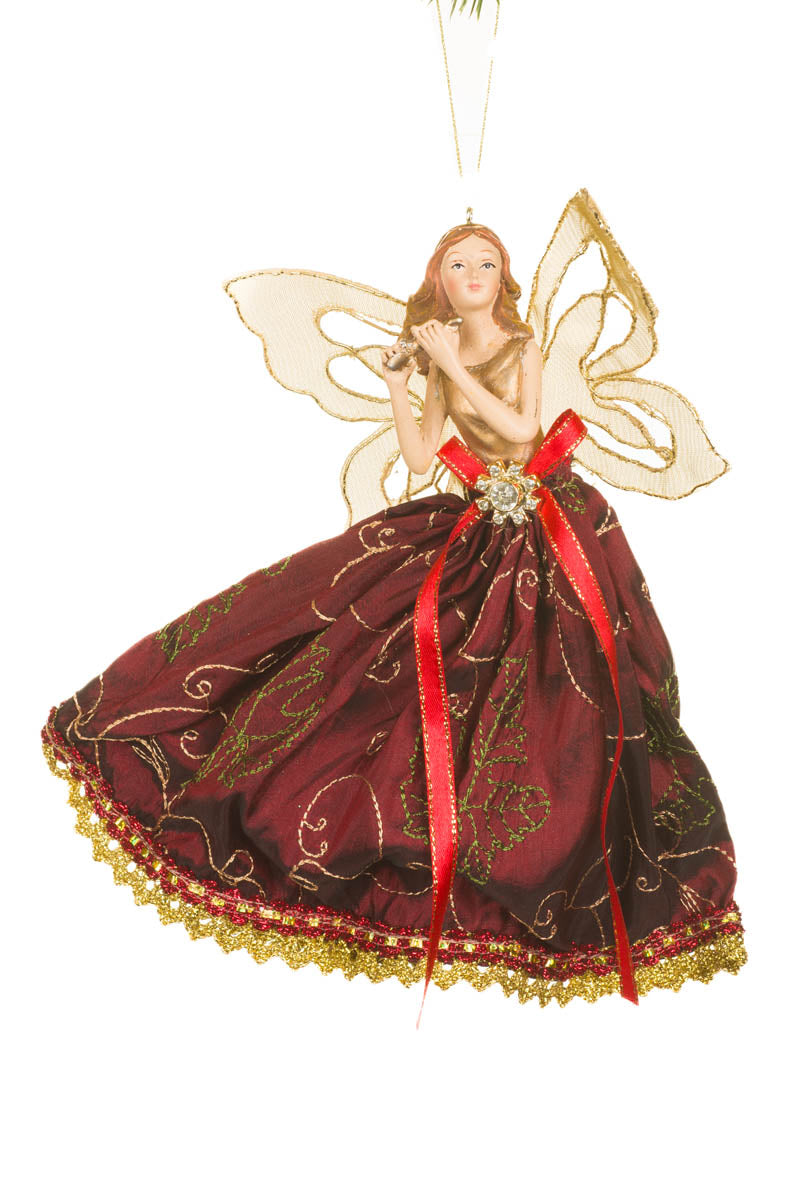 8" Hanging Burgundy and Gold Fabric Angel Ornament with Flute