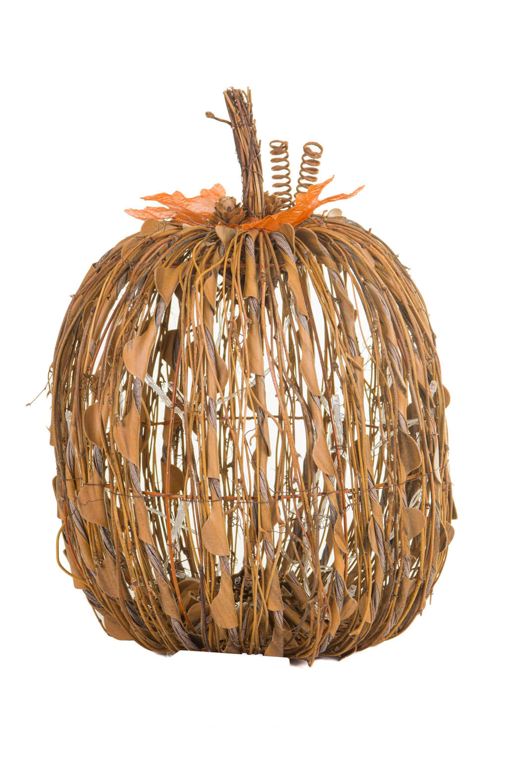 14" Sitting Ochre Wood Stick Pumpkin Warm White LED Display