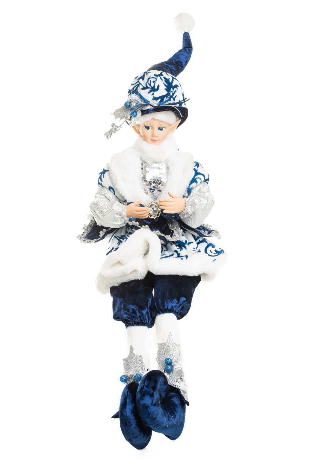 24" Sitting Chintz Blue and White Polyester Dapper Elf Doll with Holly Coat