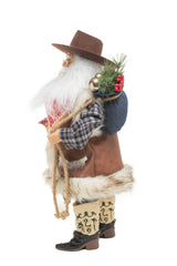 19" Plaid Brown and Blue Leather Wild West Santa Figurine