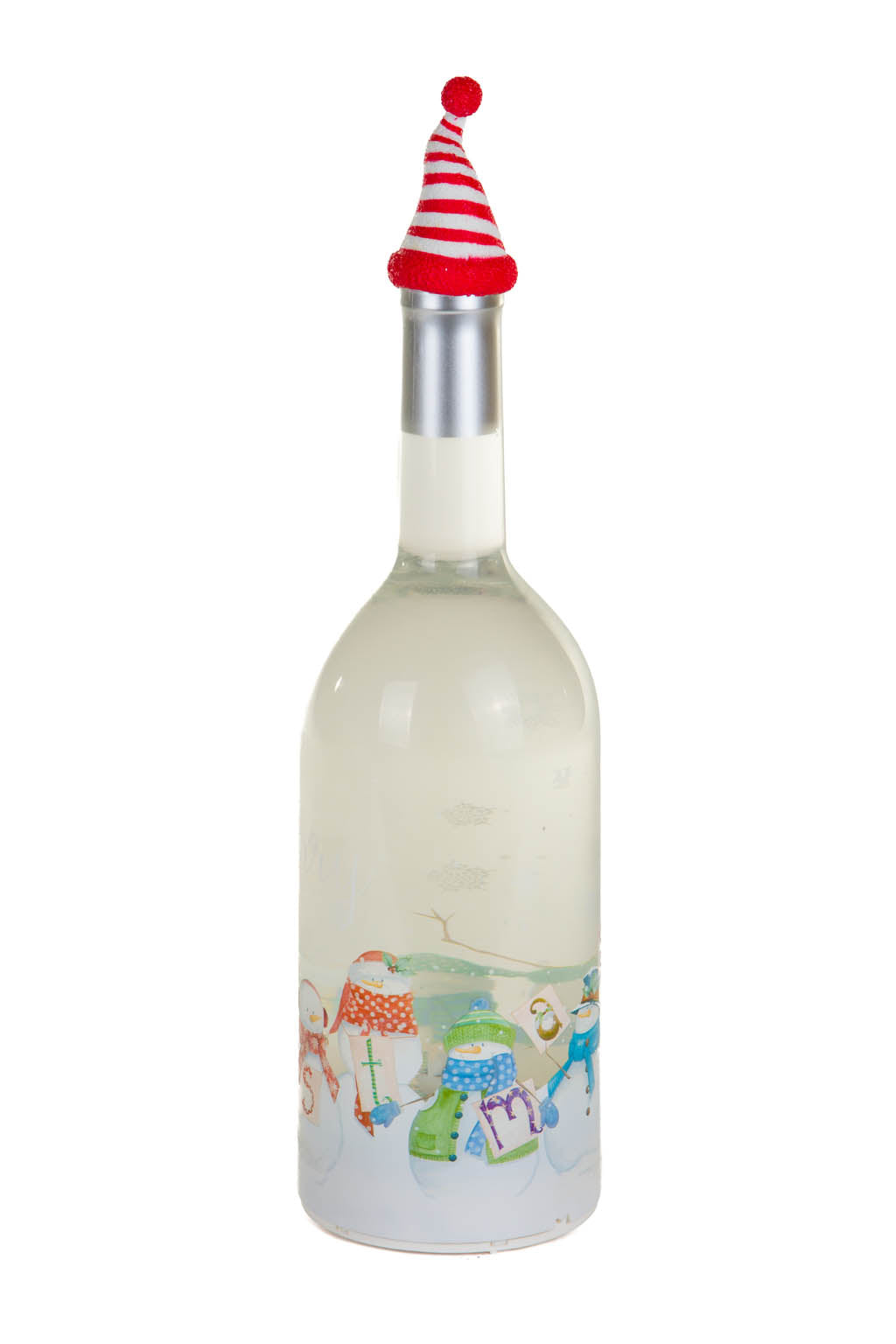 13" Clear and Red Plastic Bottle Cool White LED Snow Globe with Snowman Scene