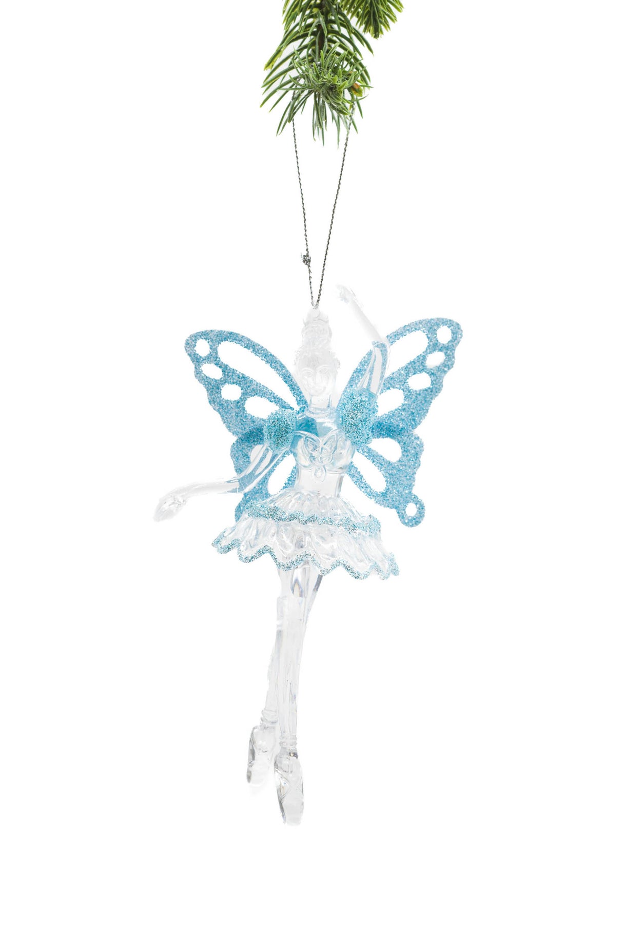 6" Hanging Clear Plastic Fairy Ornament with Glittering Blue Wings