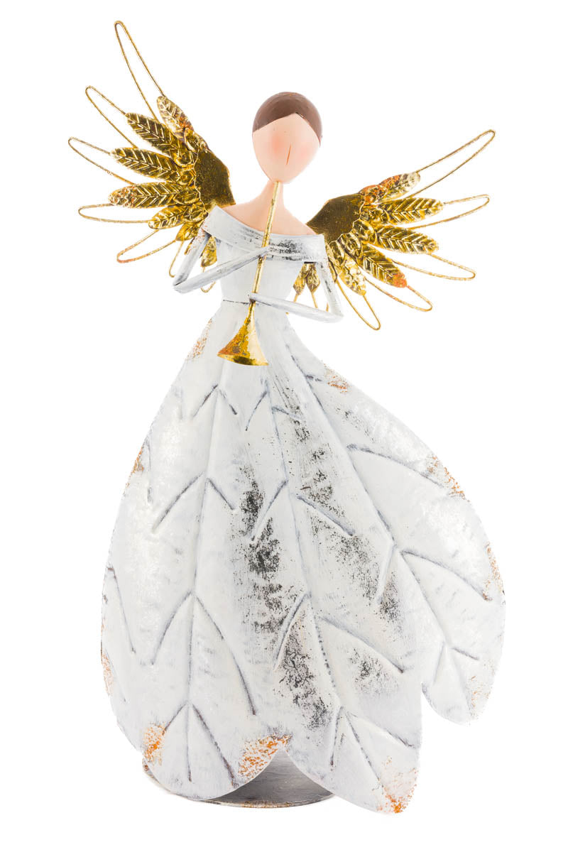 20.5" White and Gold Metal Angel Display with Trumpet