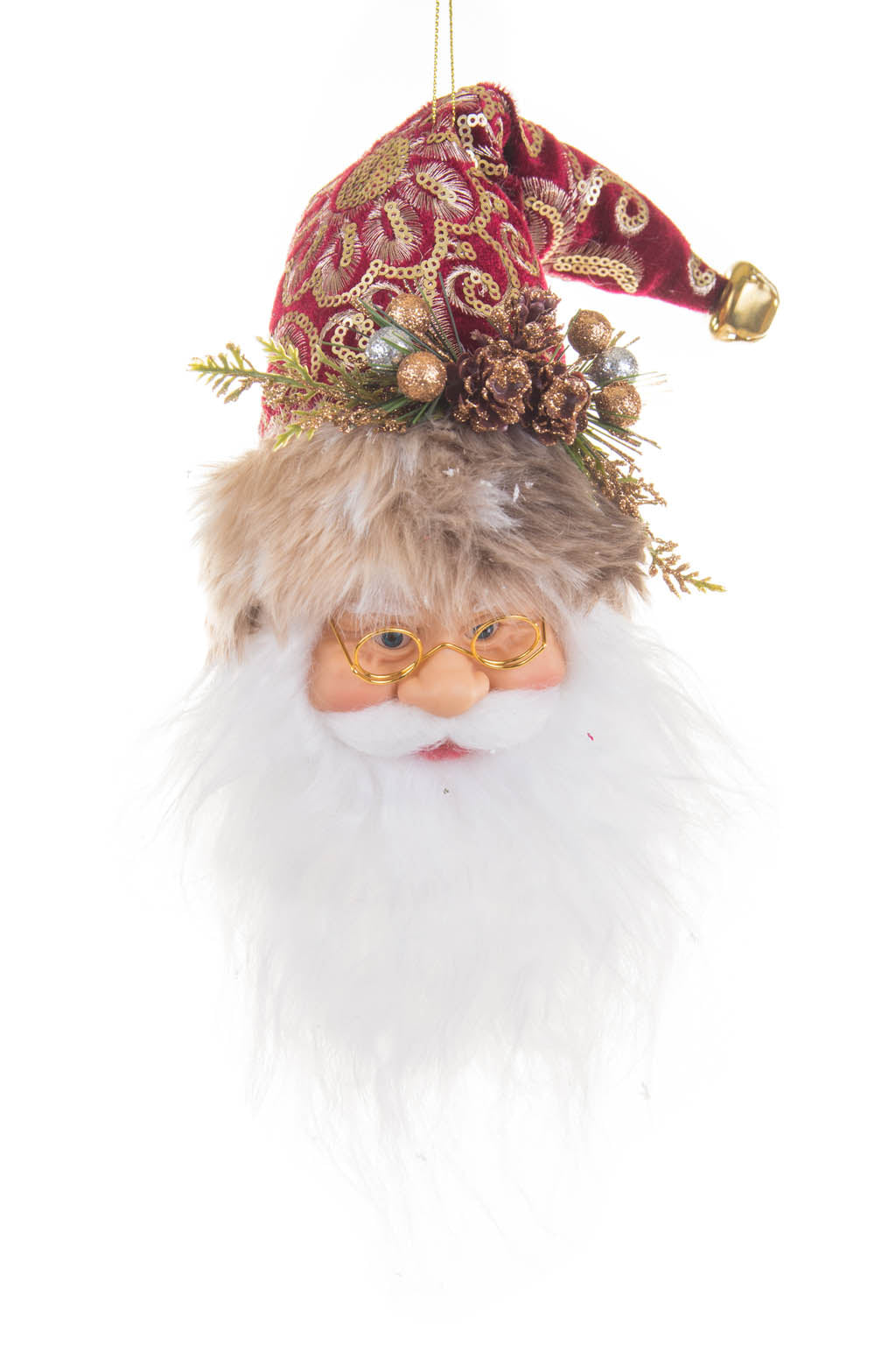 9.5" Hangable Red and Gold Cloth Santa Head Ornament
