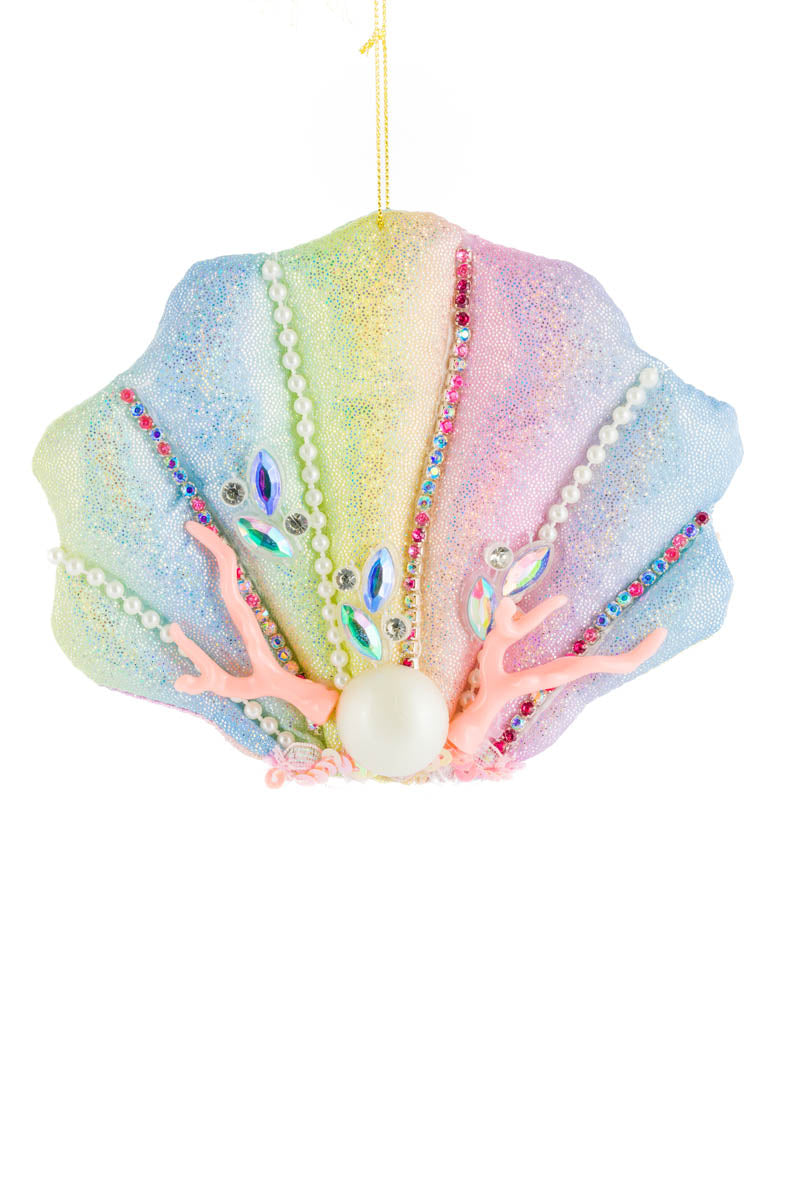 6" Hanging Iridescent Rainbow Fabric Scallop Shell Ornament with Coral