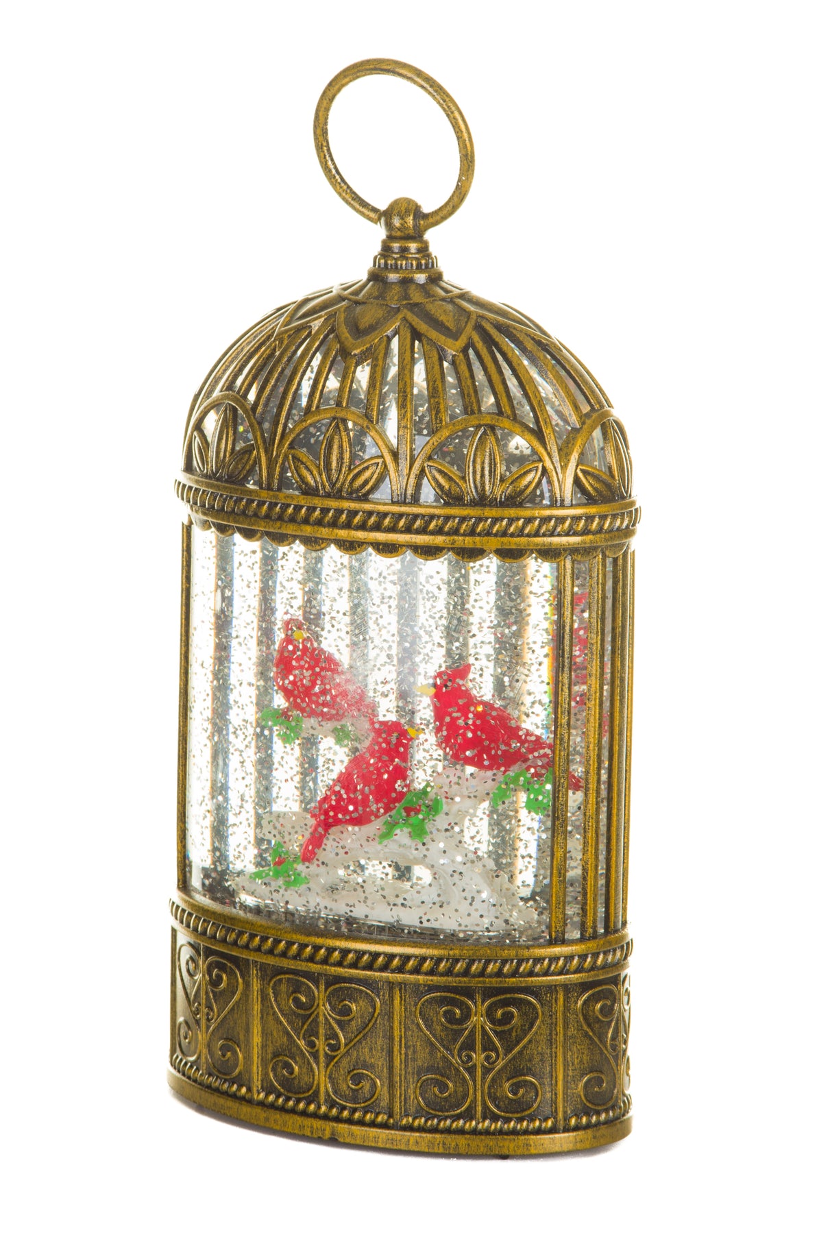 9.25" Gold Plastic Birdcage Warm White LED Snow Globe with Cardinals
