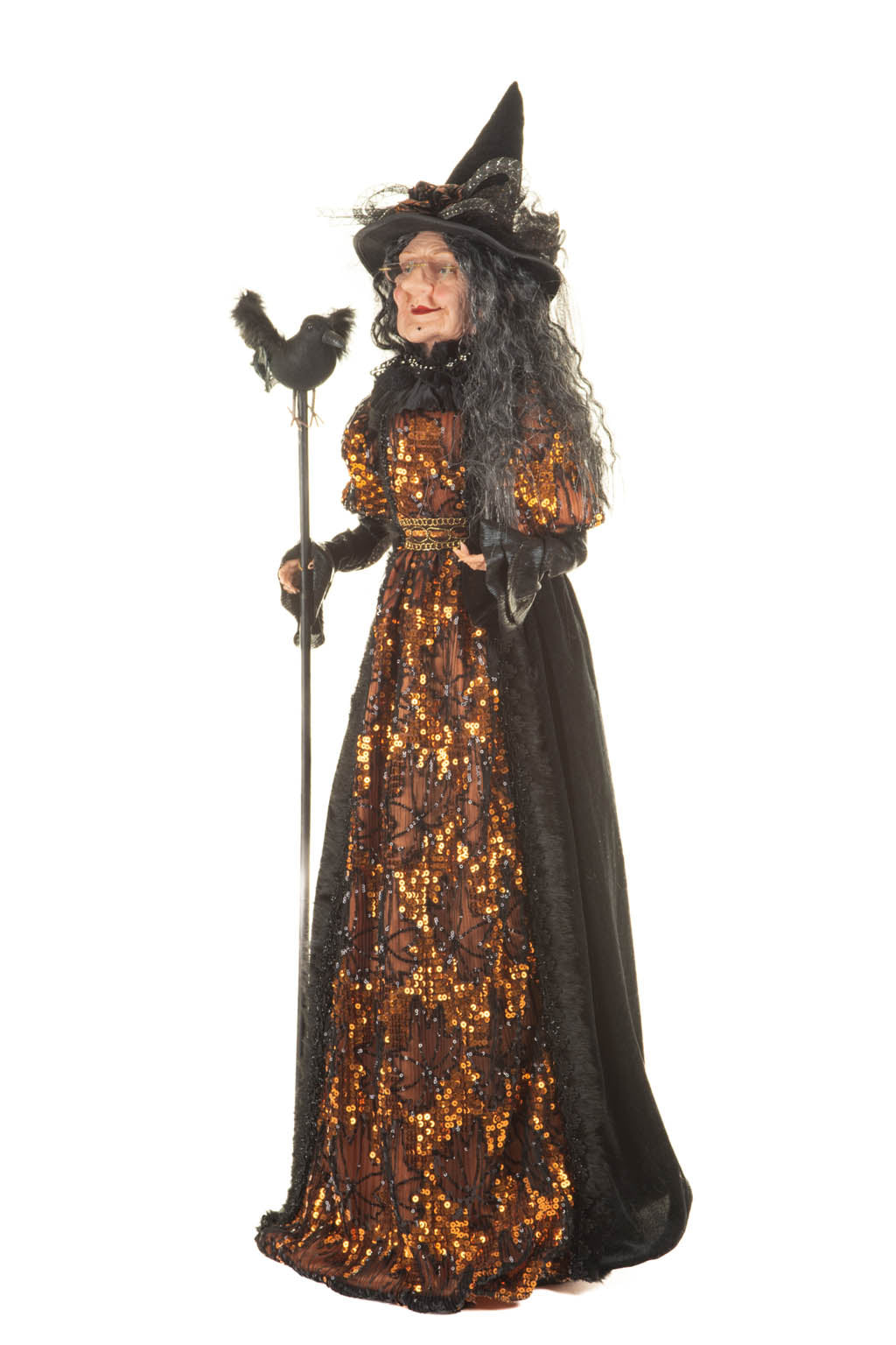 36" Sequin Black and Orange Polyester Regal Witch Figure with Crow Staff