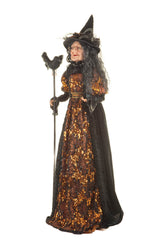 36" Sequin Black and Orange Polyester Regal Witch Figure with Crow Staff