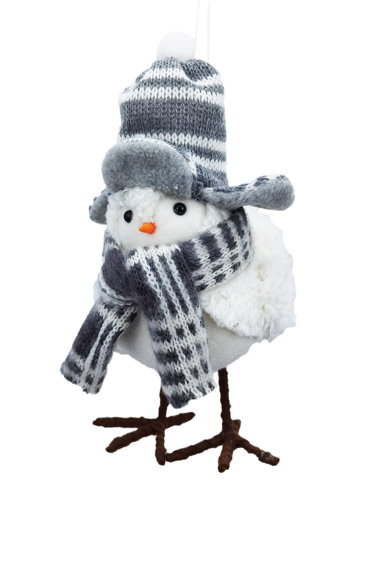 7.5" Cozy Hanging Plaid Gray and White Cloth Bird Ornament