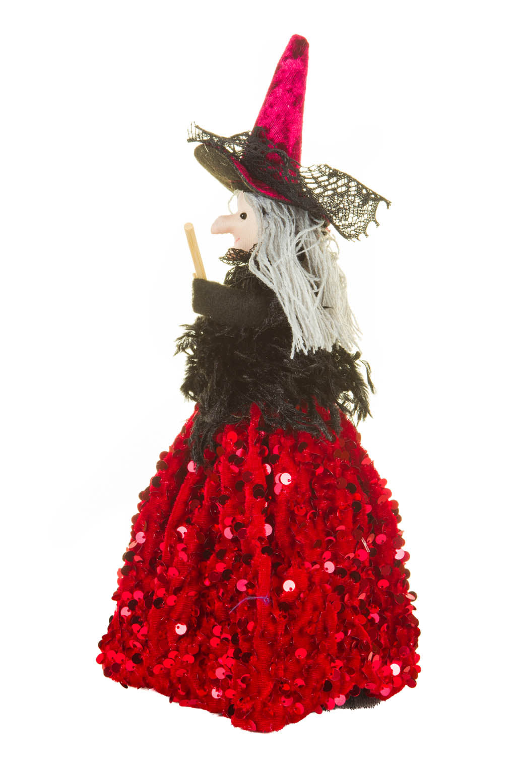 12" Sequin Black and Red Cloth Witch Ornament with Broom