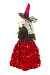 12" Sequin Black and Red Cloth Witch Ornament with Broom