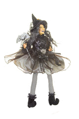 20" Sitting Black and Grayish Silver Cloth Smiling Witch Figure with Masquerade Mask