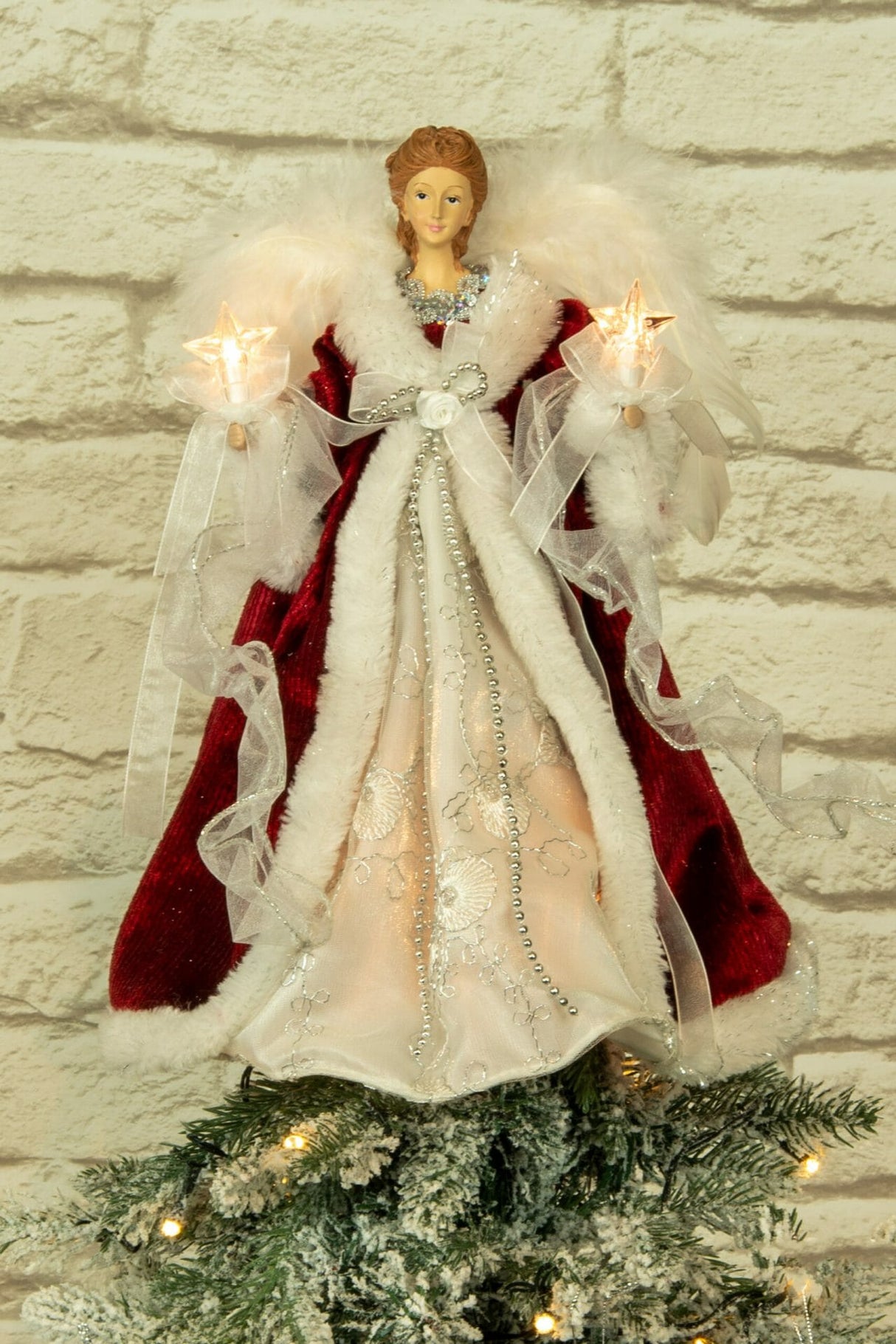 14" Red and White Cloth Modern 10-Light Angel Tree Topper with Fluffy White Wings