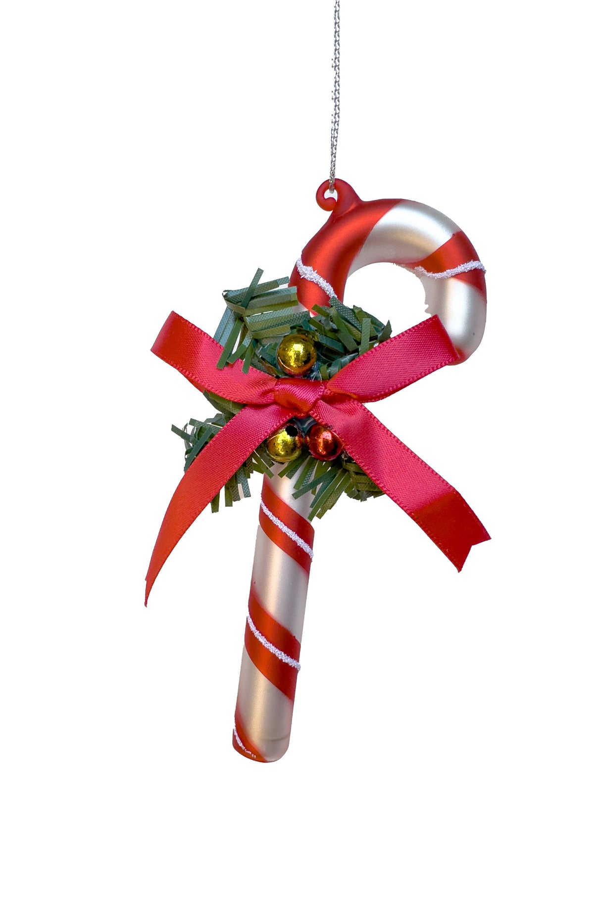 4.5" Hanging Red and White Glass Candycane Ornament with Red Bow