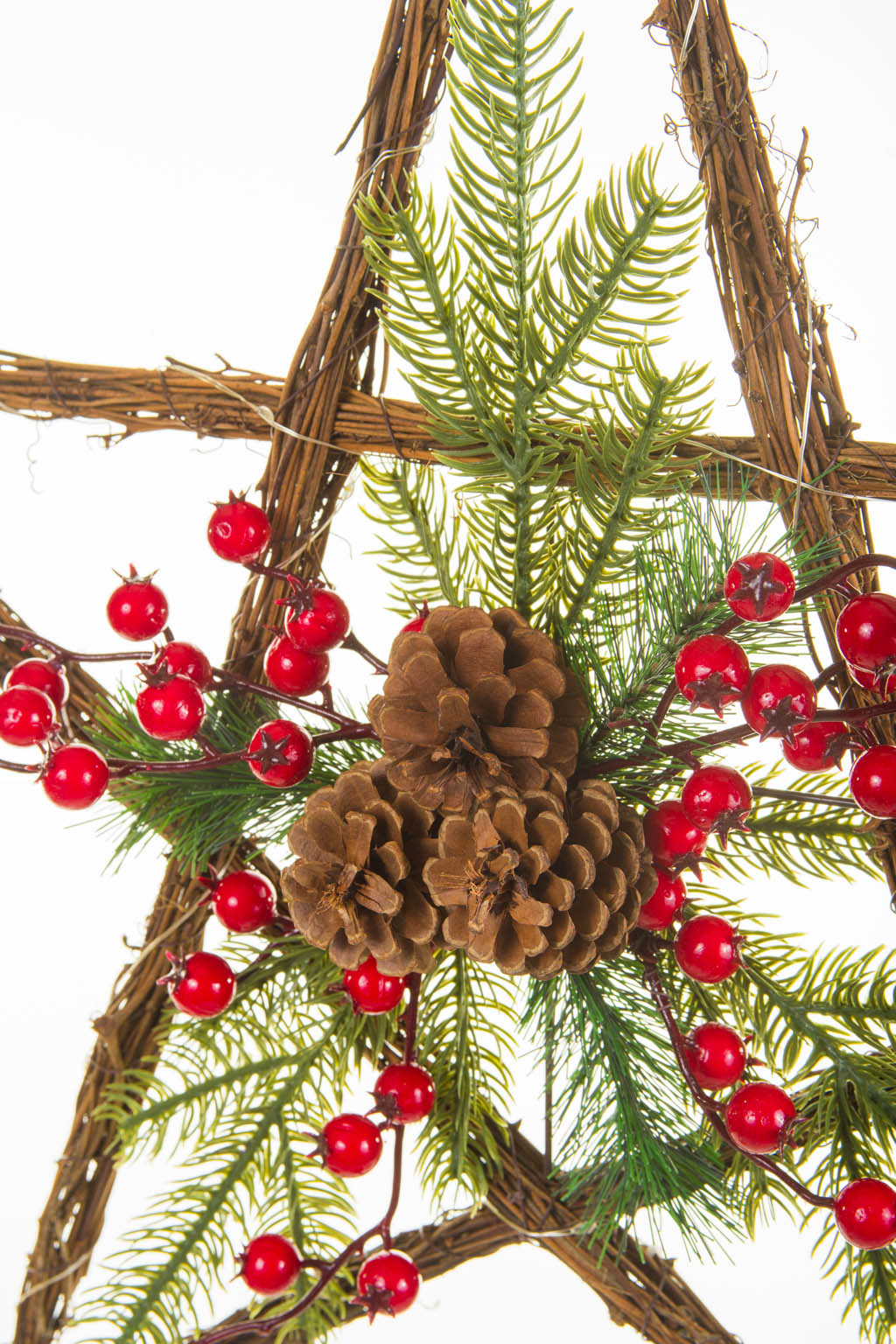 19.5" Hanging Umber and Green Wood Handwoven Warm White LED Christmas Star
