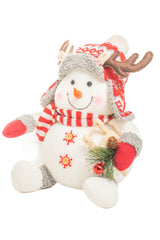 13" Sitting Striped White and Red Polyfoam Deer-Fan Snowman with Sleigh