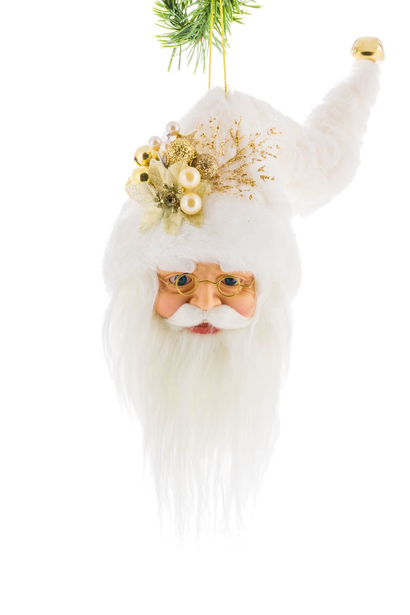 10" Hanging Ivory and Gold Fabric Santa Head Decoration