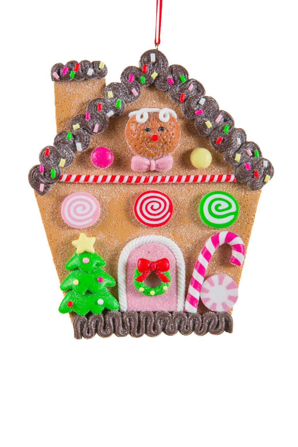 4.25" Hanging Brown and Pink Clay Gingerbread House Display