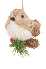 5.5" Hanging Tan Straw Pinecone Bird Ornament Sitting On Spray