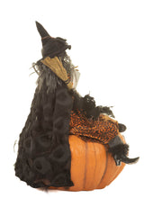 26" Sitting Flocked Orange and Black Polyfoam Vogue Witch Figure Sitting On A Pumpkin