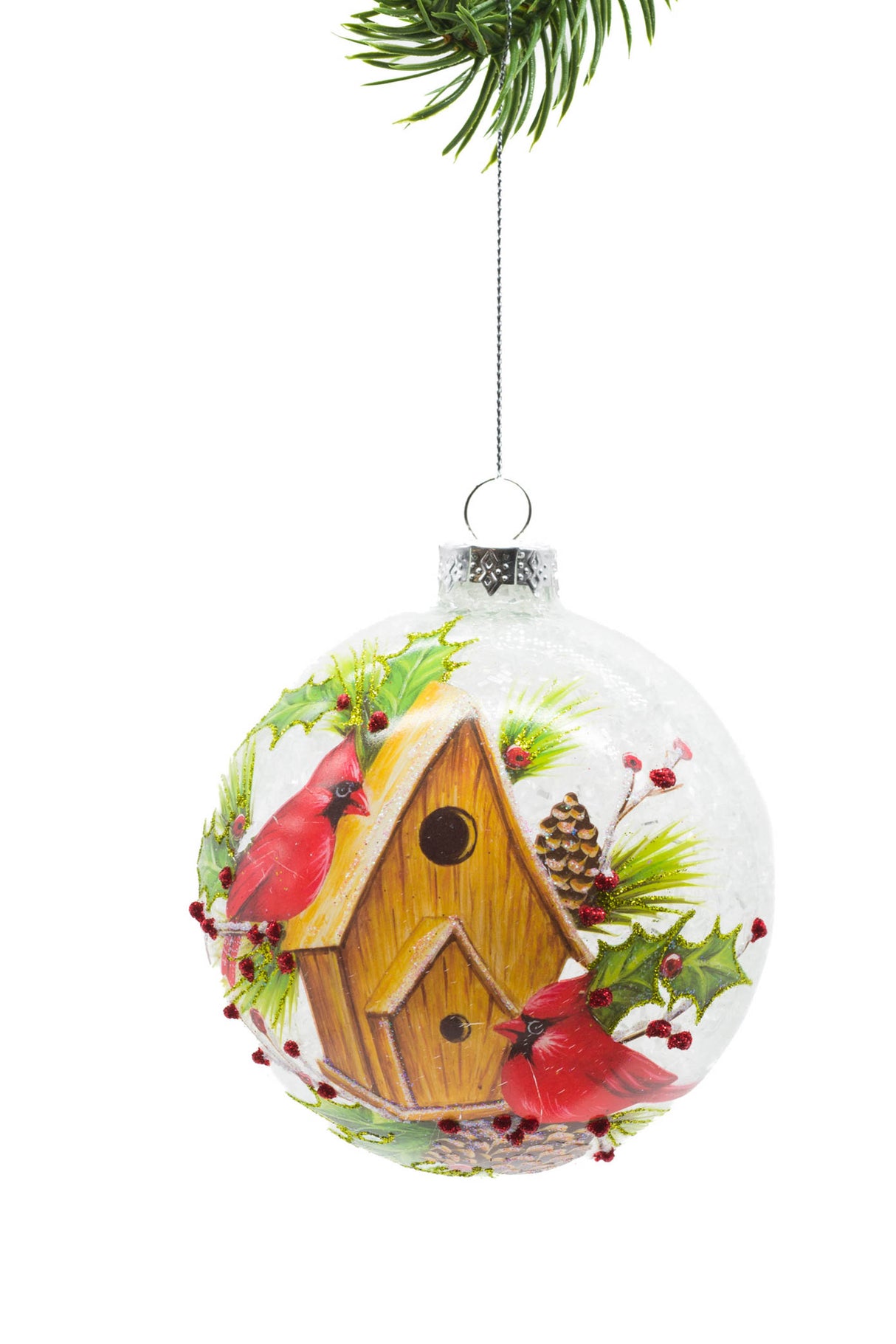 4.5" Hanging Silver Glass Ball Ornament with Birdhouse Print