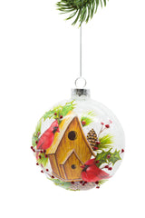 4.5" Hanging Silver Glass Ball Ornament with Birdhouse Print