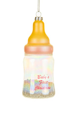 4.75" Hanging Pink Glass Baby Bottle Ornament with "Baby's First Christmas "