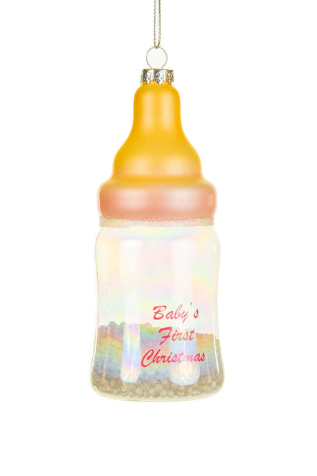 4.75" Hanging Pink Glass Baby Bottle Ornament with "Baby's First Christmas "