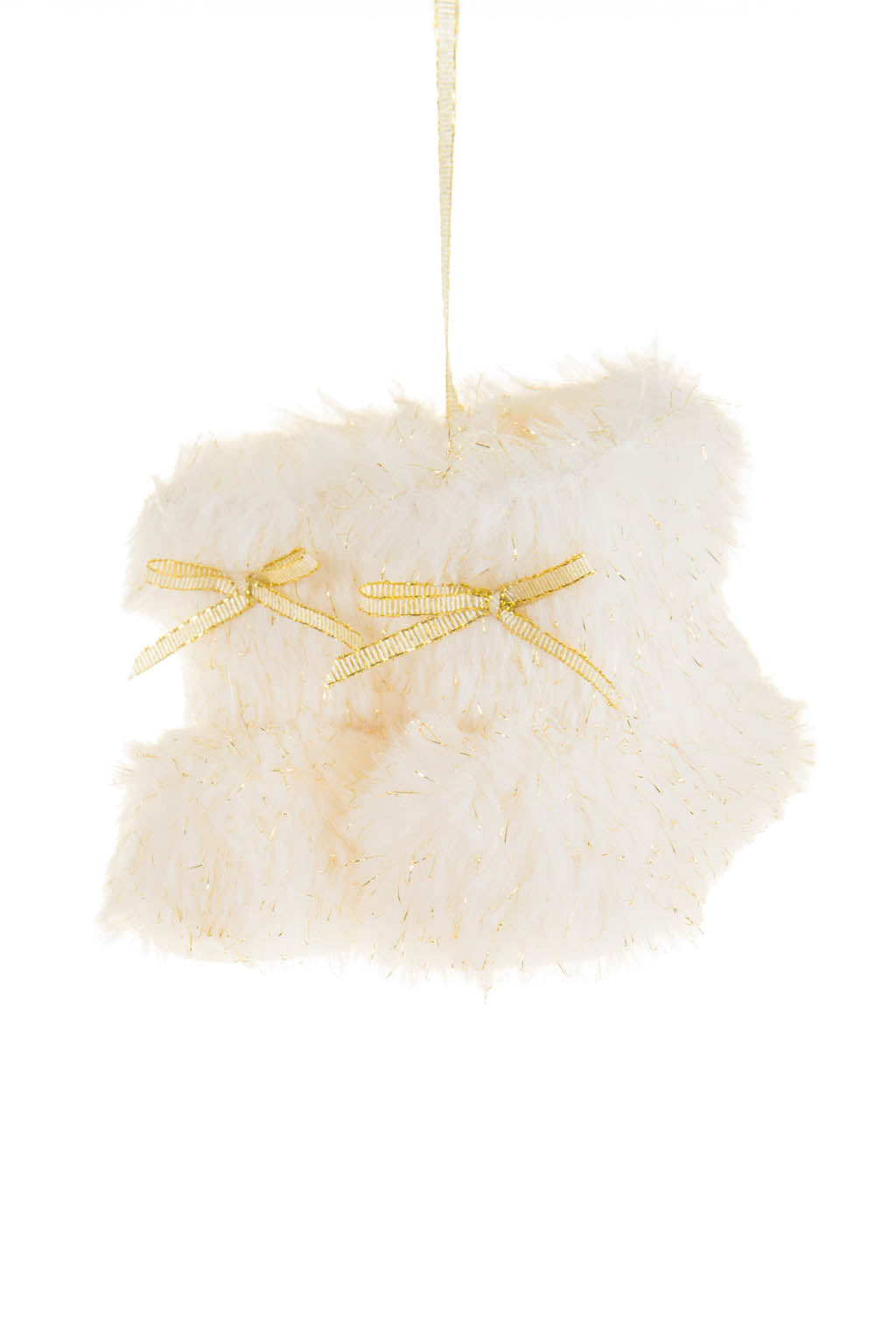 4" Hangable Sparkly White Feathered Furry Boots Ornament with Gold Ribbon