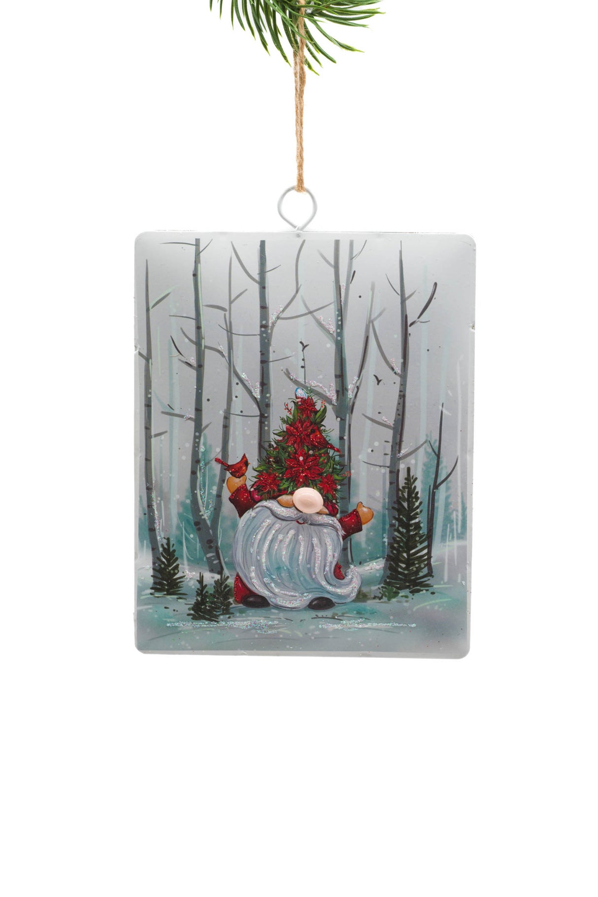 6.25" Hanging Striped White Iron Canvas Ornament with Gnomish Masterpiece