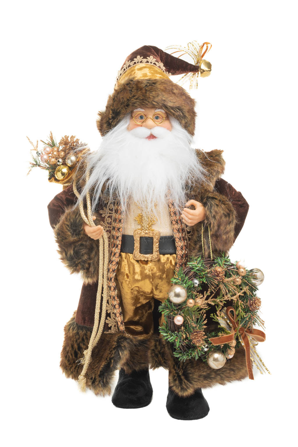 19" Brown and Gold Cloth Russian Santa Figurine Holding Gift Bag
