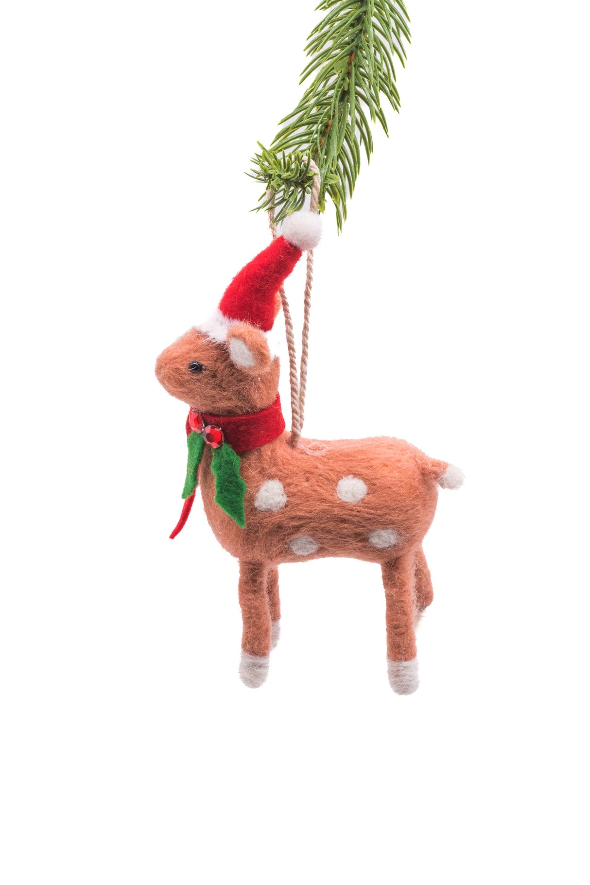 6" Hanging Brown Polylon Doe Ornament with Christmas Cap