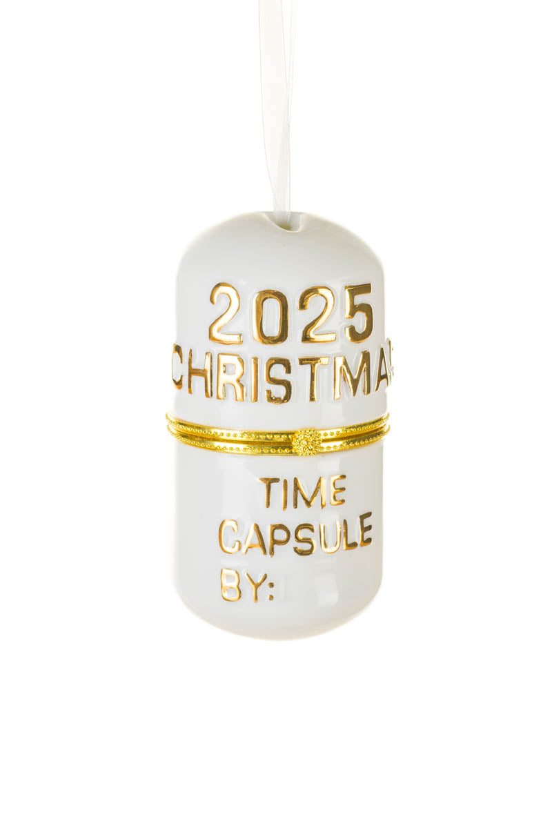 4.25" Hangable White and Gold Porcelain 2025 Time Capsule Ornament