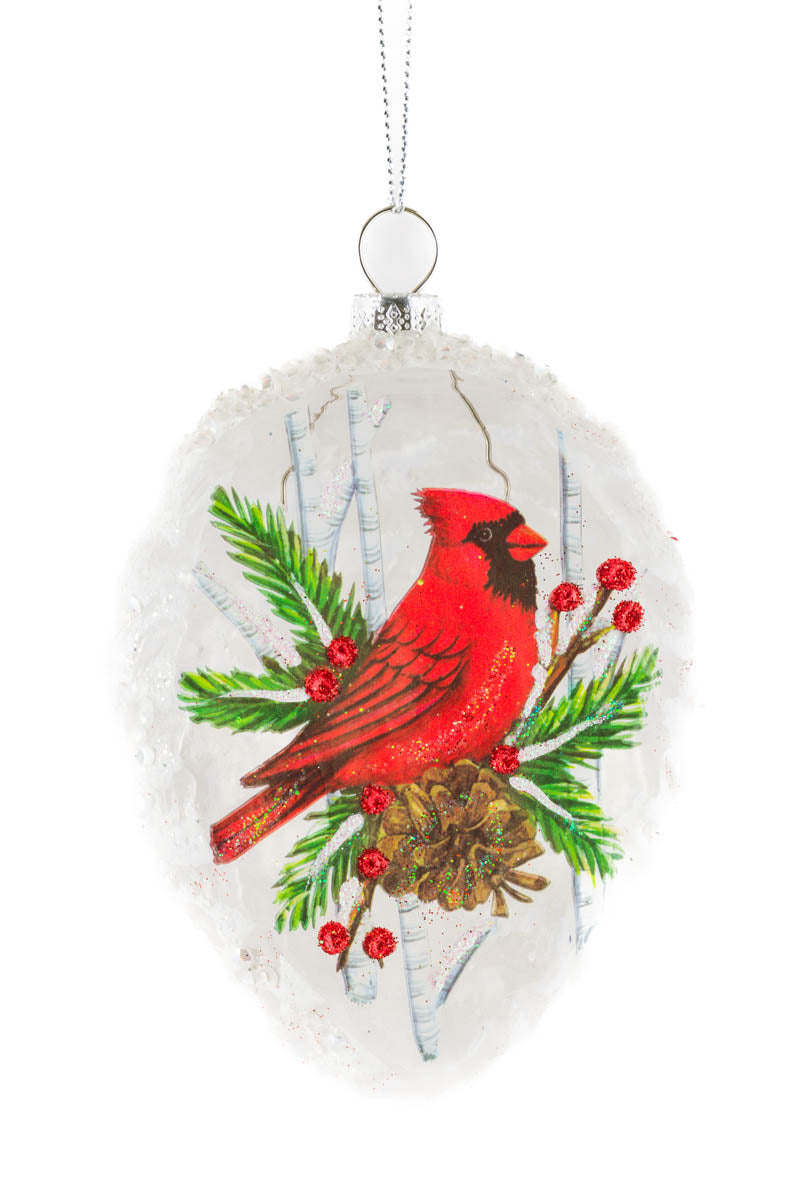 4.75" Frosted Hanging White Glass Pinecone Ornament with Cardinal