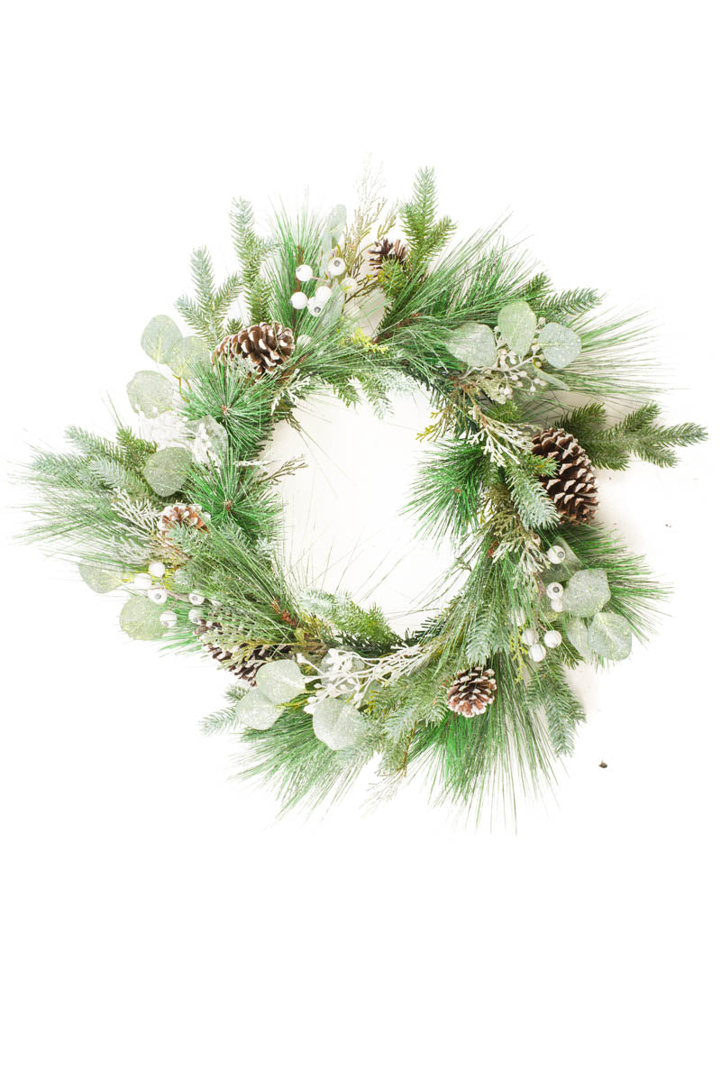 24" Hanging Sparkly Forest Green Plastic Pine and Blue Spruce Wreath