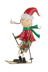 14" Red and Green Metal Skiing Table Piece For Her