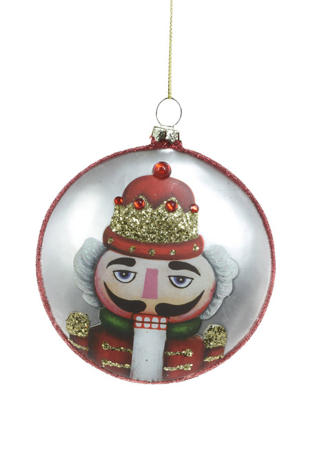 4" Flat Hanging Red and Silver Glass Drop Ornament with Nutcracker