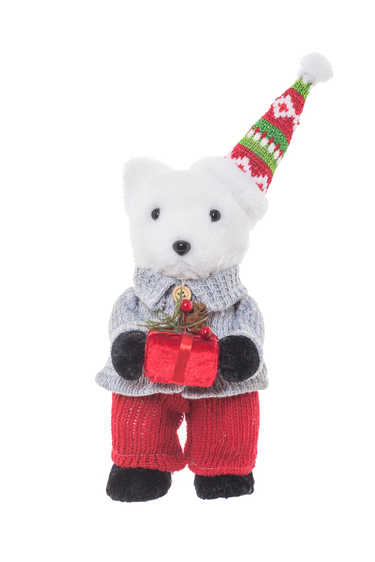10" Red and Cream Furry Polar Bear Figurine