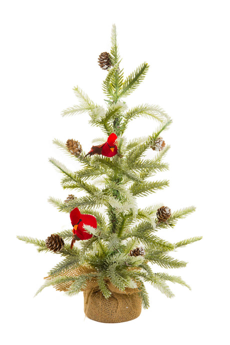 18" Green and White Pvc Christmas Tree with Cardinals and Pinecones