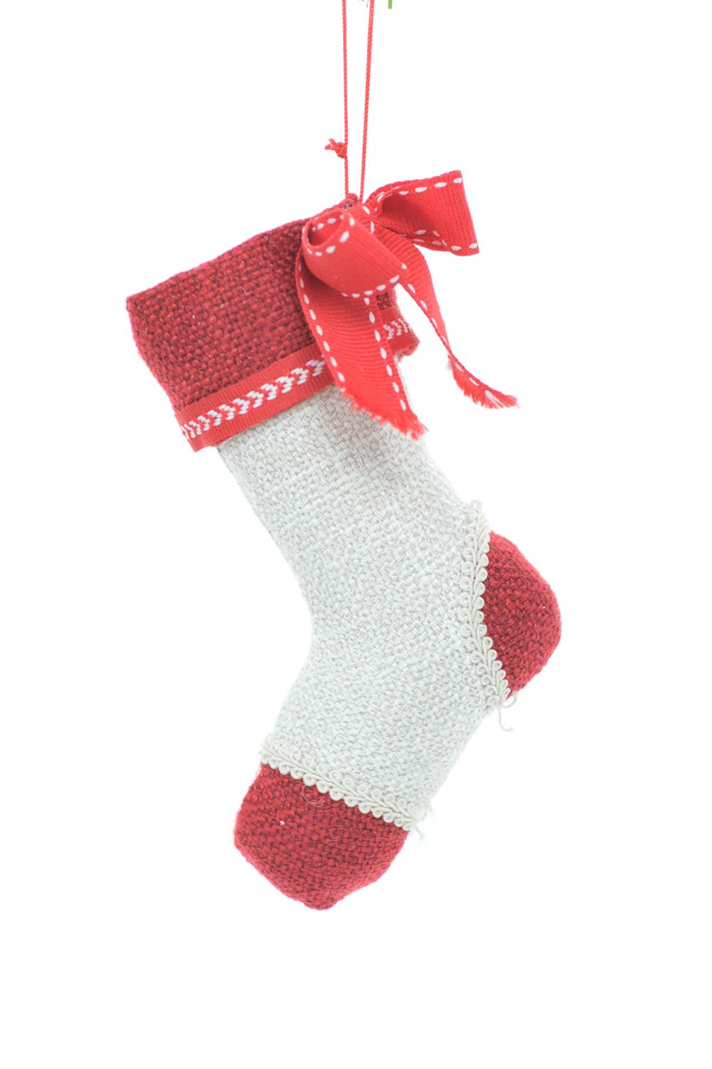6" Hangable Ivory and Red Cloth Stocking Ornament