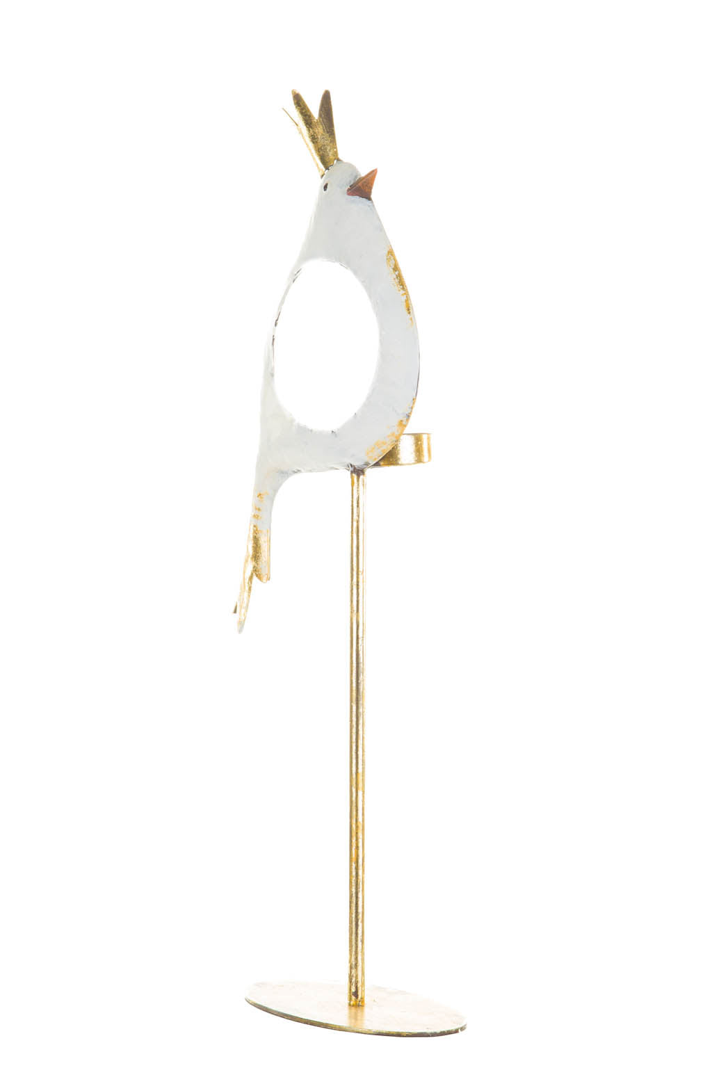 17" Gold and White Metal Bird Candle Holder