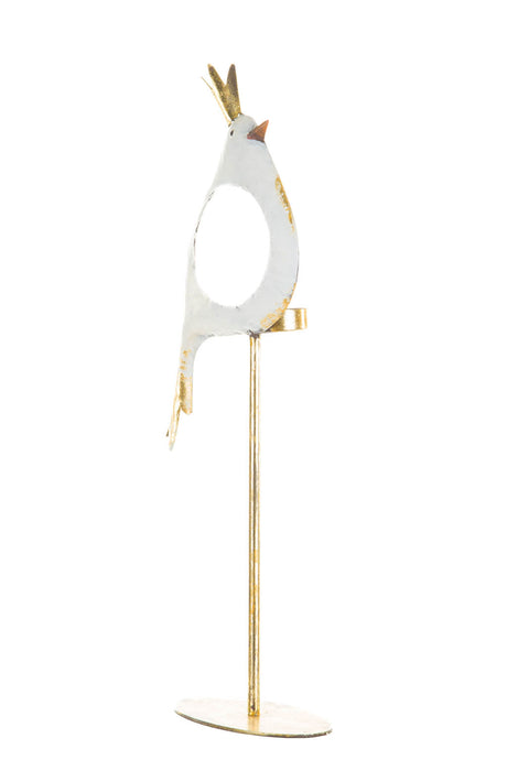 17" Gold and White Metal Bird Candle Holder