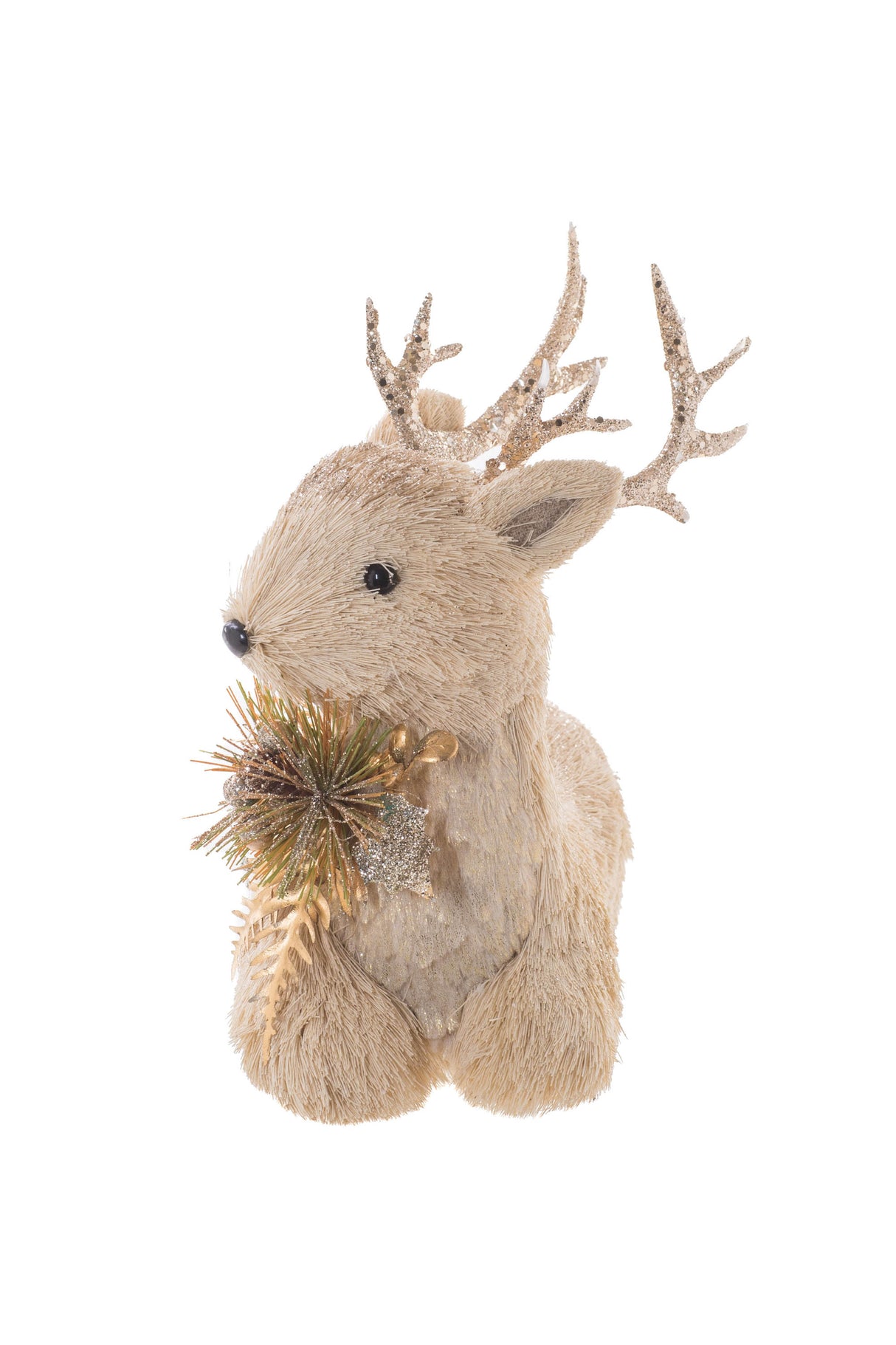 10.5" Resting Striped Cream Straw Fur Deer Figurine with Gold Spray